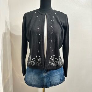 Hillard & Hanson Black Rhinestone Embroidered Cardigan Size Medium Winter Goth